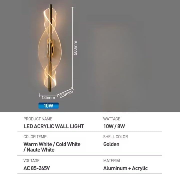 Modern Spiral LED Wall Light – Gold Finish Decorative Sconce for Living Rooms & Bedrooms (Flat Acrylic Sconce)