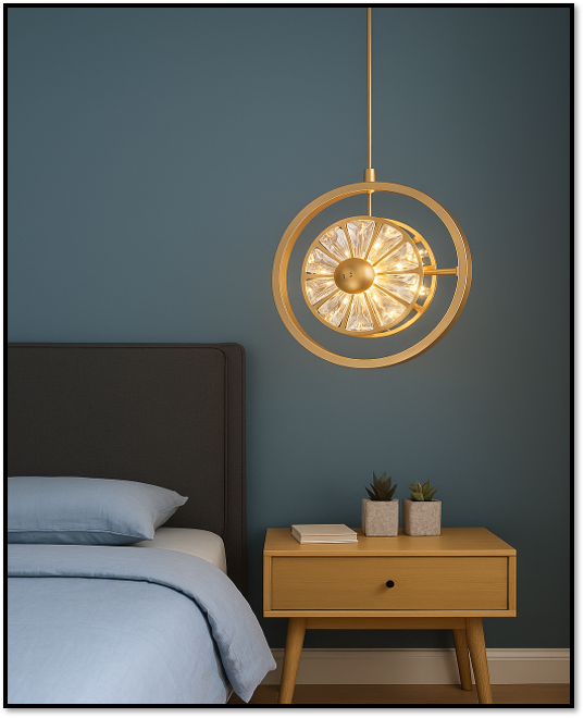 blissbells Modern Crystal Ring Pendant Light – Gold Finish, LED Hanging Fixture for Bedroom, Living Room, Kitchen & Balcony (Crystal in Ring)