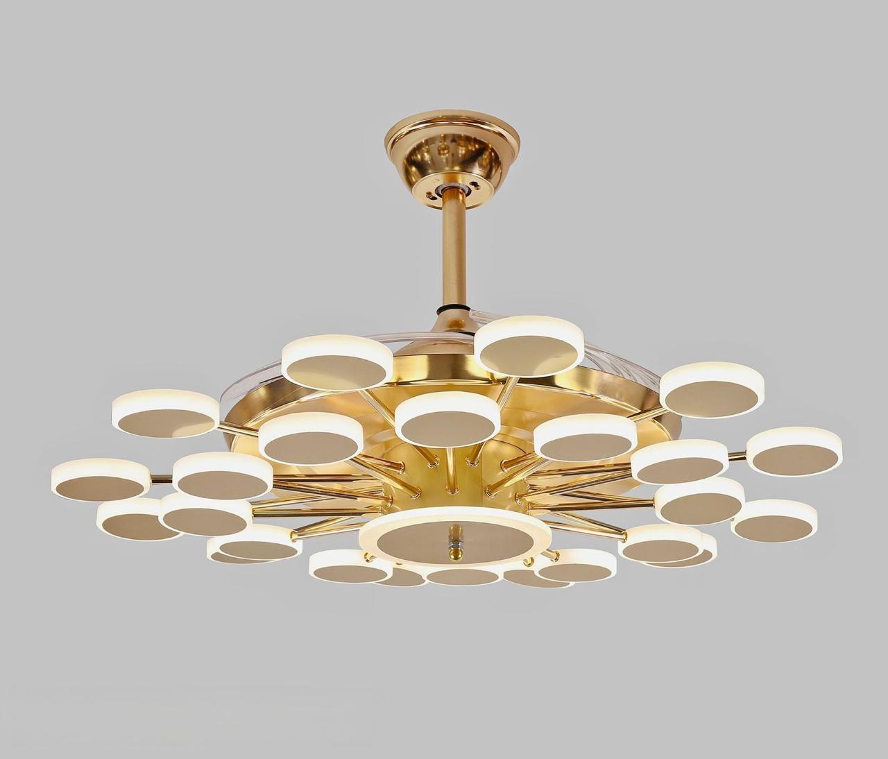 24 Light Chandelier Fan 42 Inch Gold Retractable Blades Remote Control - Tricolour | Warm White, White, Natural White |