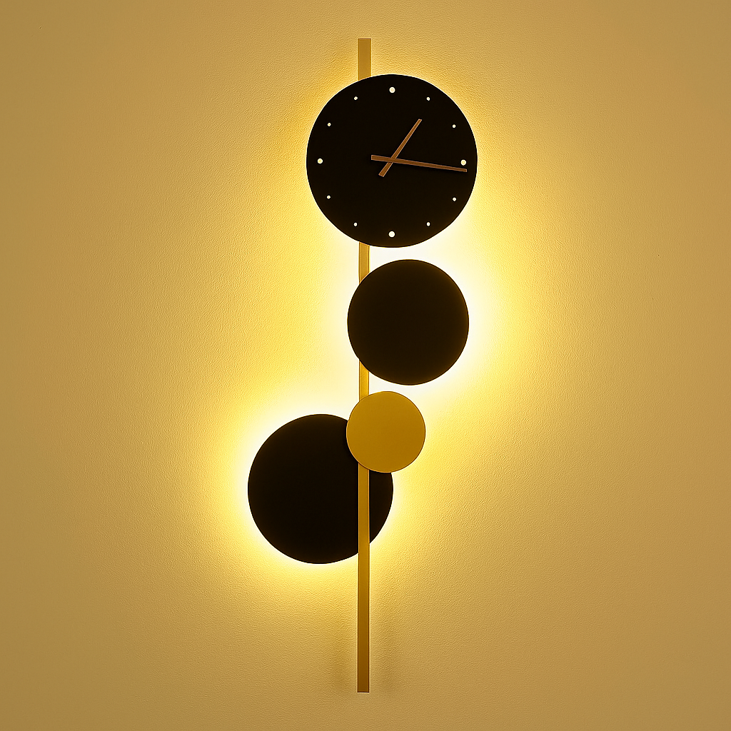 blissbells Modern Abstract Wall Light with Integrated Clock, Minimalist Design in Black and Gold (Clock and Circles)
