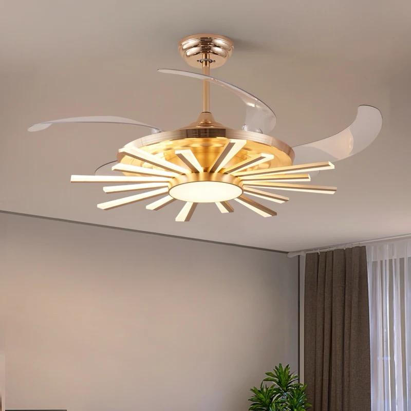 Luxury Retractable Ceiling Fan Chandelier with LED Light – Golden Starburst Design