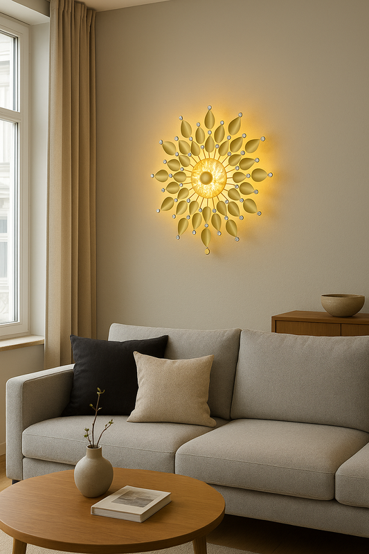Elegant Golden Floral Wall Light – Modern Decorative Lighting for Living Room and Bedroom (Crystal Sunburst)