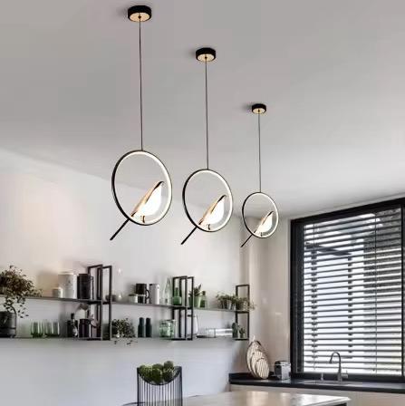 blissbells Modern Bird LED Pendant Light, Circle Ring Chandelier, Golden and White, Decorative Ceiling Lamp