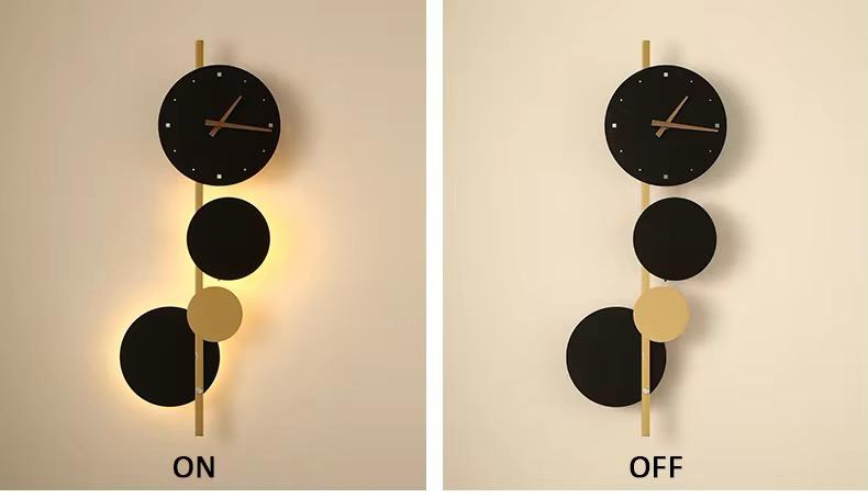 blissbells Modern Abstract Wall Light with Integrated Clock, Minimalist Design in Black and Gold (Clock and Circles)