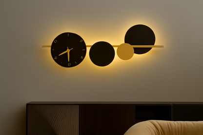 blissbells Modern Abstract Wall Light with Integrated Clock, Minimalist Design in Black and Gold (Clock and Circles)