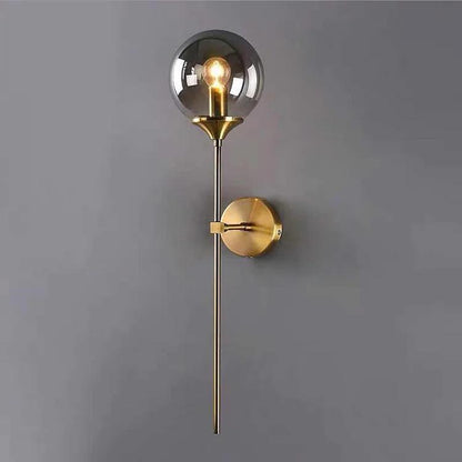 Modern Wall Sconce Light Fixture, Glass Globe Shade, Brass Finish, Long Stem Design