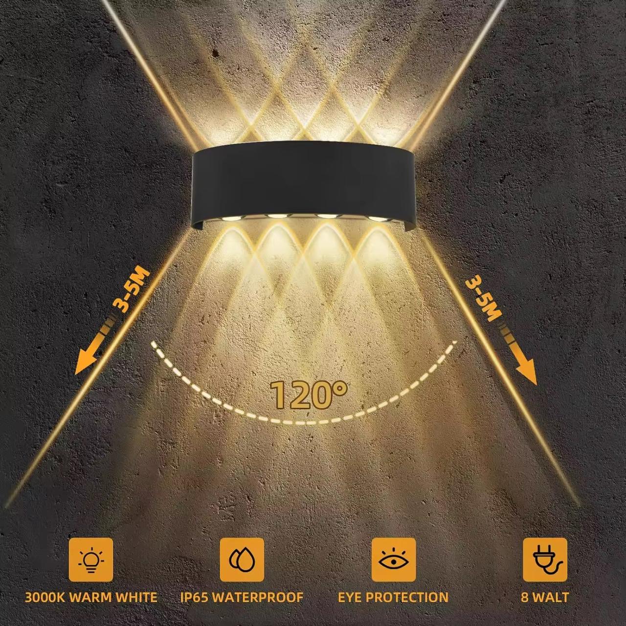 blissbells 8 Watt 8 Rays Up-Down LED Outdoor Wall Lights Waterproof IP65 (Warm White) with Metallic Body (8 ray Warm)