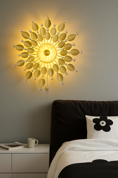 Elegant Golden Floral Wall Light – Modern Decorative Lighting for Living Room and Bedroom (Crystal Sunburst)