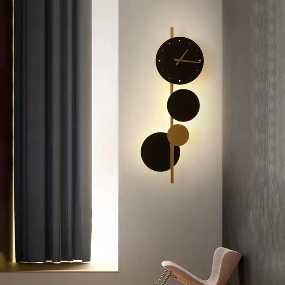 blissbells Modern Abstract Wall Light with Integrated Clock, Minimalist Design in Black and Gold (Clock and Circles)