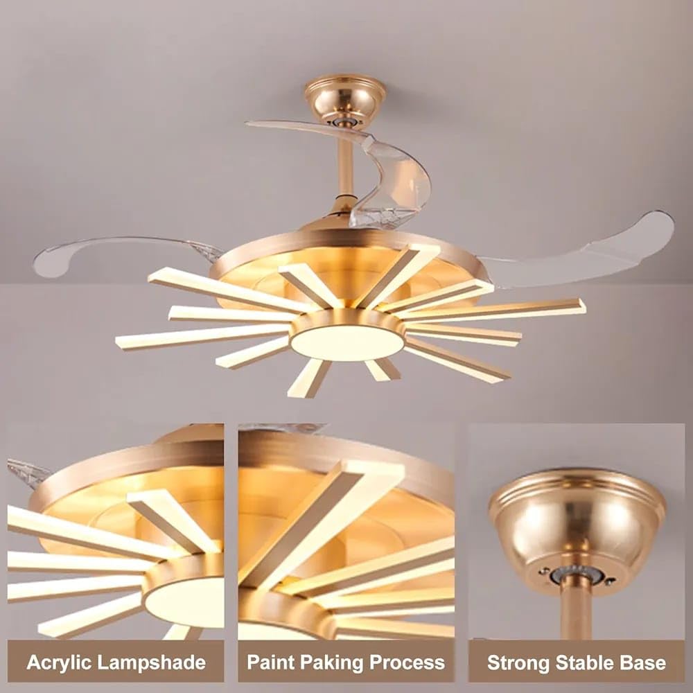 Luxury Retractable Ceiling Fan Chandelier with LED Light – Golden Starburst Design