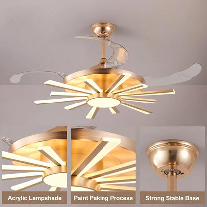 Luxury Retractable Ceiling Fan Chandelier with LED Light – Golden Starburst Design