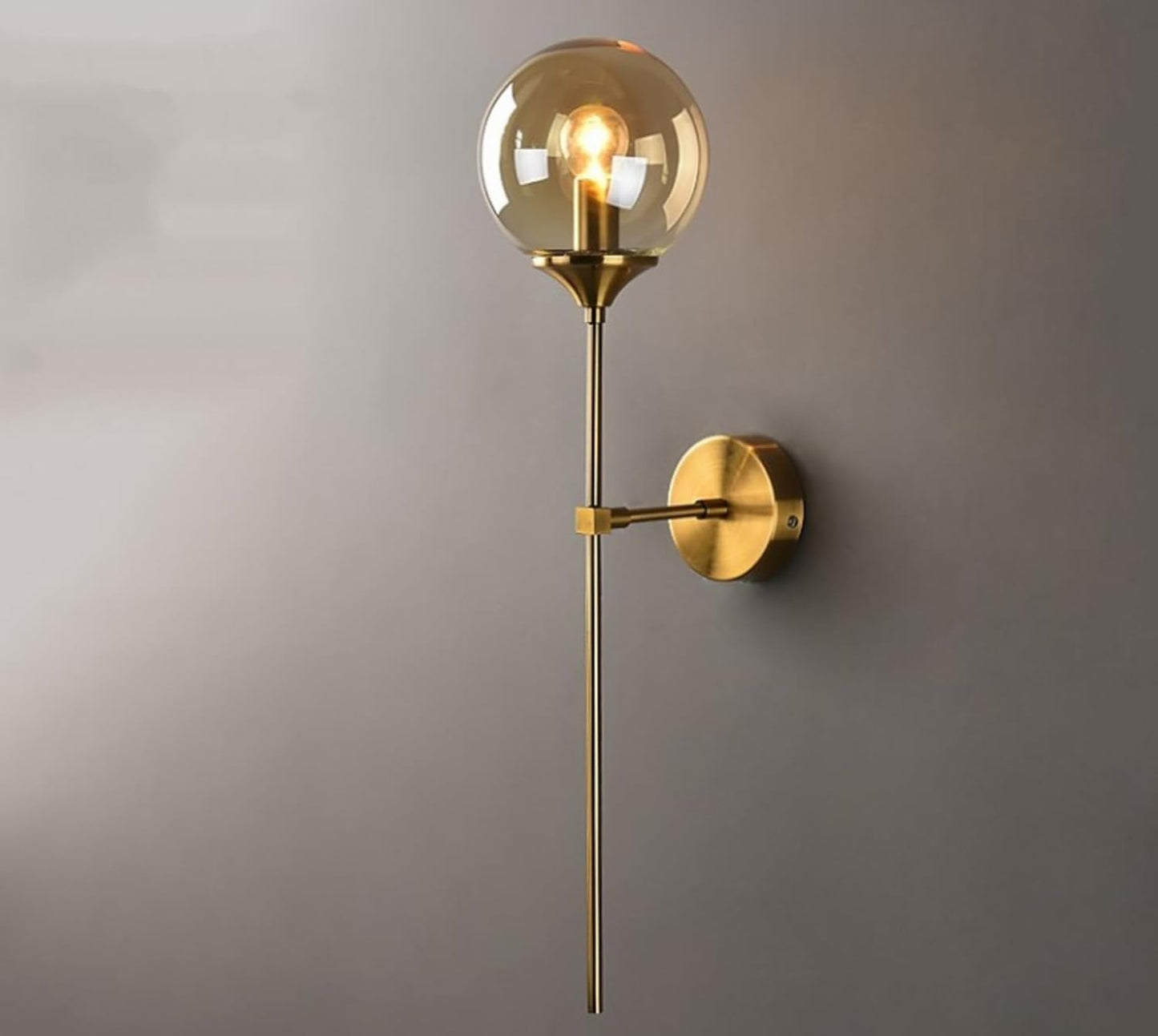 Modern Wall Sconce Light Fixture, Glass Globe Shade, Brass Finish, Long Stem Design