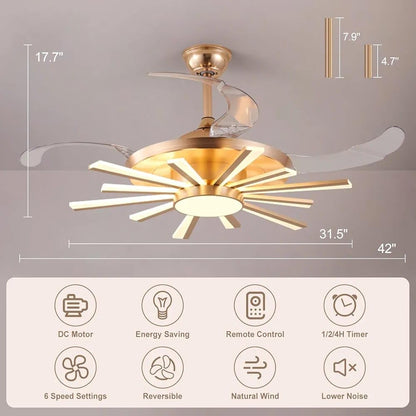 Luxury Retractable Ceiling Fan Chandelier with LED Light – Golden Starburst Design