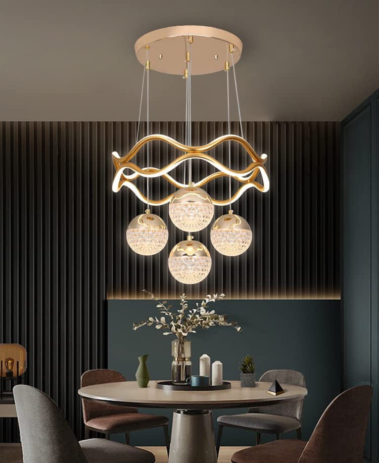 Modern Crystal Chandelier, LED Pendant Light with 4 Glass Globes, Wavy Design, Gold Finish, Dining Room Ceiling Light
