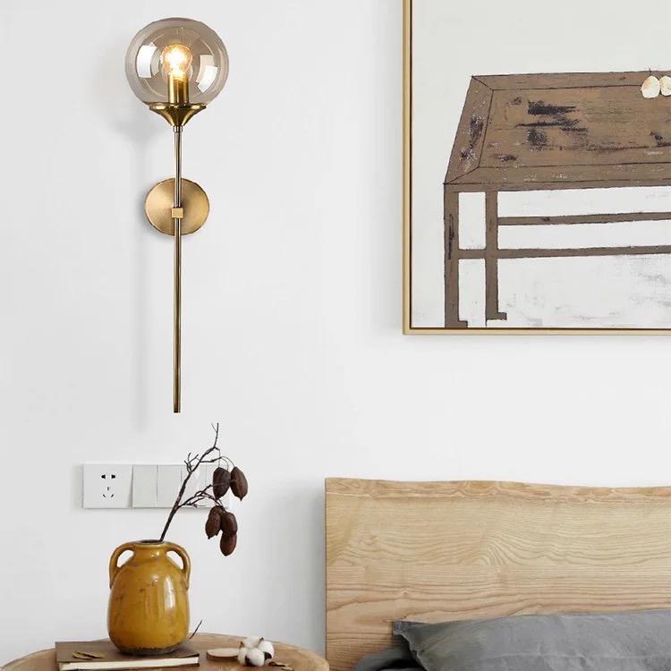 Modern Wall Sconce Light Fixture, Glass Globe Shade, Brass Finish, Long Stem Design