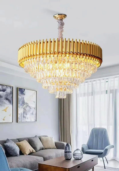 blissbells Modern Crystal Chandelier Gold, 600mm Round Chandeliers for Dining Room K9 5 Tiers Ceiling Pendant Light Flush Mount Chandelier, Pack of 1 Gold
