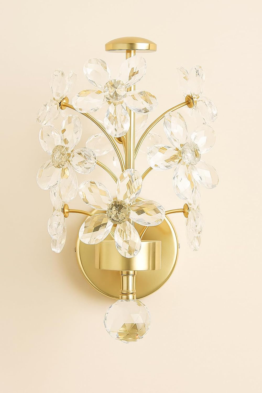 blissbells Crystal Flower Wall Sconce, Gold Brass Finish, Modern Decorative Wall Light with Crystal Pendant