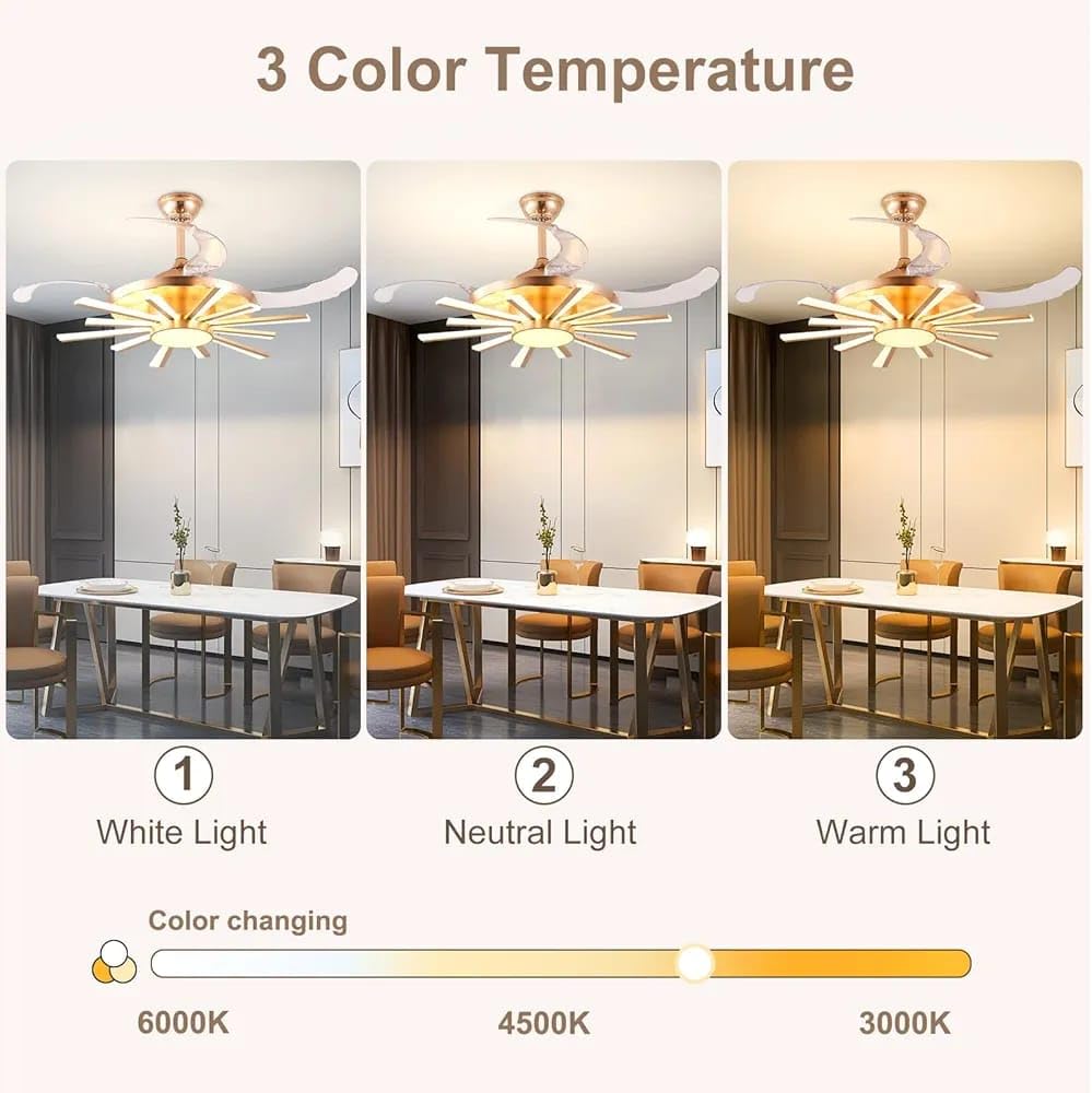 Luxury Retractable Ceiling Fan Chandelier with LED Light – Golden Starburst Design