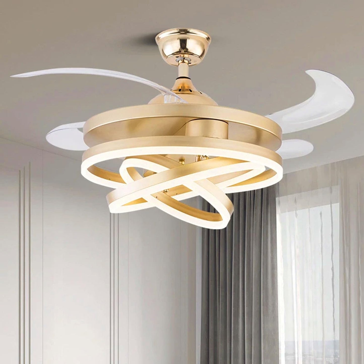 blissbells Modern LED Ceiling Fan with Remote Control, Retractable Blades, Chandelier Fan, Pack of 1 (Ring Style)