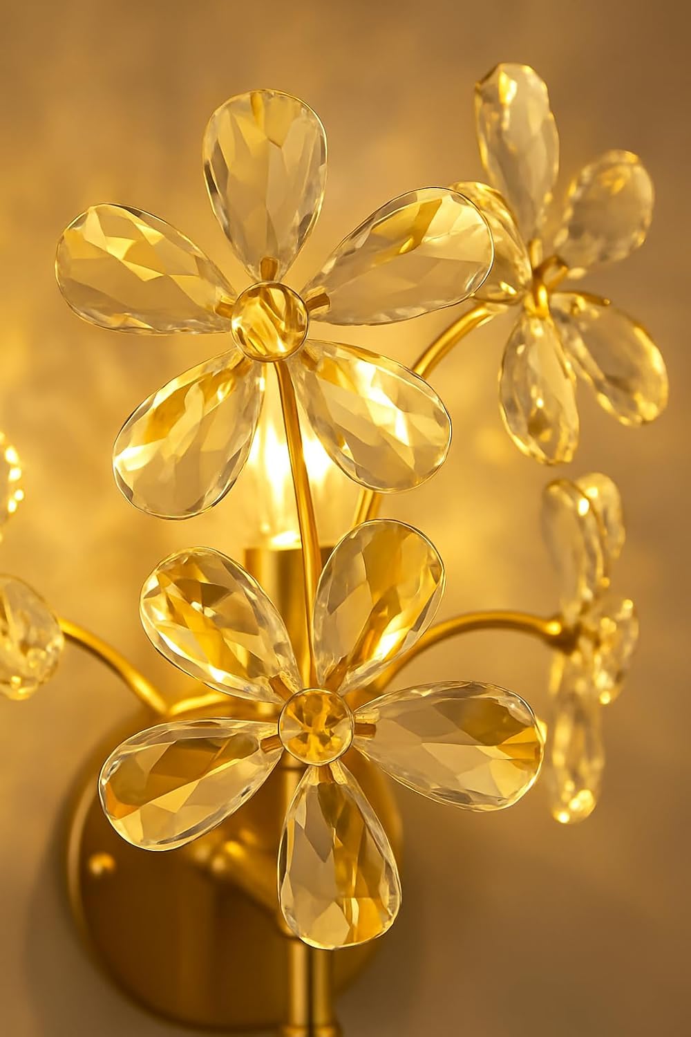 blissbells Crystal Flower Wall Sconce, Gold Brass Finish, Modern Decorative Wall Light with Crystal Pendant