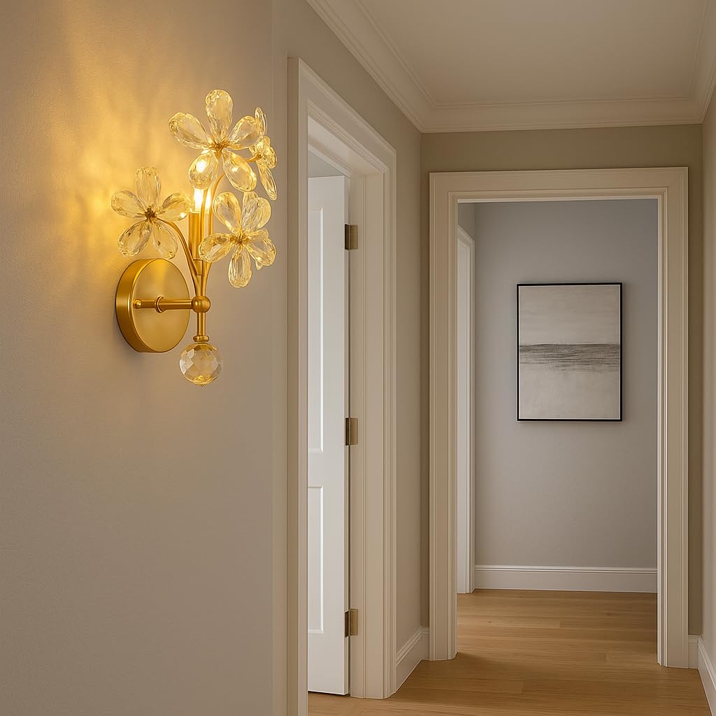 blissbells Crystal Flower Wall Sconce, Gold Brass Finish, Modern Decorative Wall Light with Crystal Pendant
