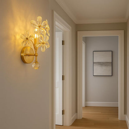 blissbells Crystal Flower Wall Sconce, Gold Brass Finish, Modern Decorative Wall Light with Crystal Pendant