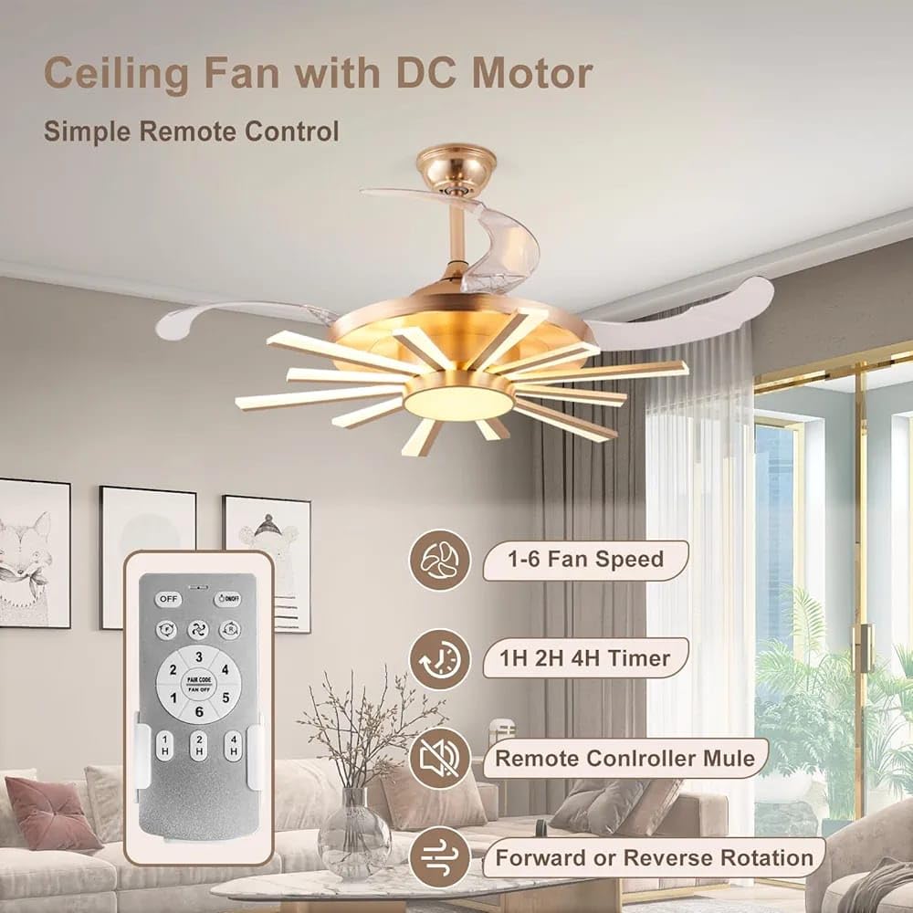 Luxury Retractable Ceiling Fan Chandelier with LED Light – Golden Starburst Design