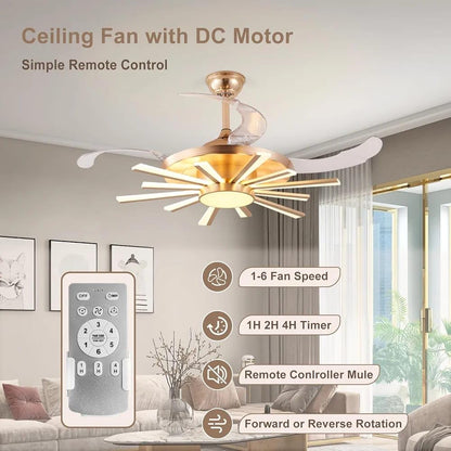 Luxury Retractable Ceiling Fan Chandelier with LED Light – Golden Starburst Design