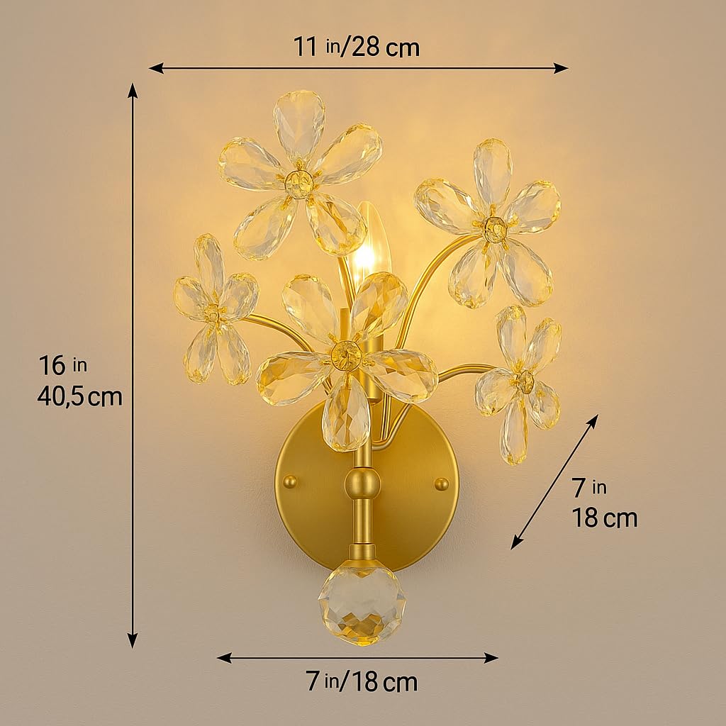 blissbells Crystal Flower Wall Sconce, Gold Brass Finish, Modern Decorative Wall Light with Crystal Pendant