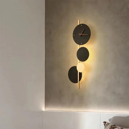 blissbells Modern Abstract Wall Light with Integrated Clock, Minimalist Design in Black and Gold (Clock and Circles)