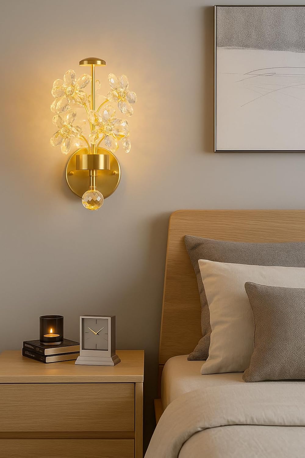 blissbells Crystal Flower Wall Sconce, Gold Brass Finish, Modern Decorative Wall Light with Crystal Pendant