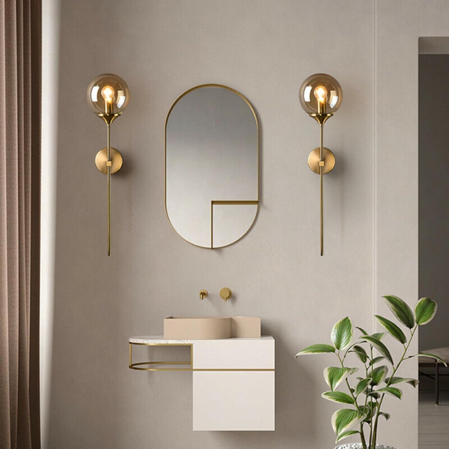 Modern Wall Sconce Light Fixture, Glass Globe Shade, Brass Finish, Long Stem Design