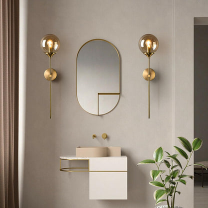 Modern Wall Sconce Light Fixture, Glass Globe Shade, Brass Finish, Long Stem Design