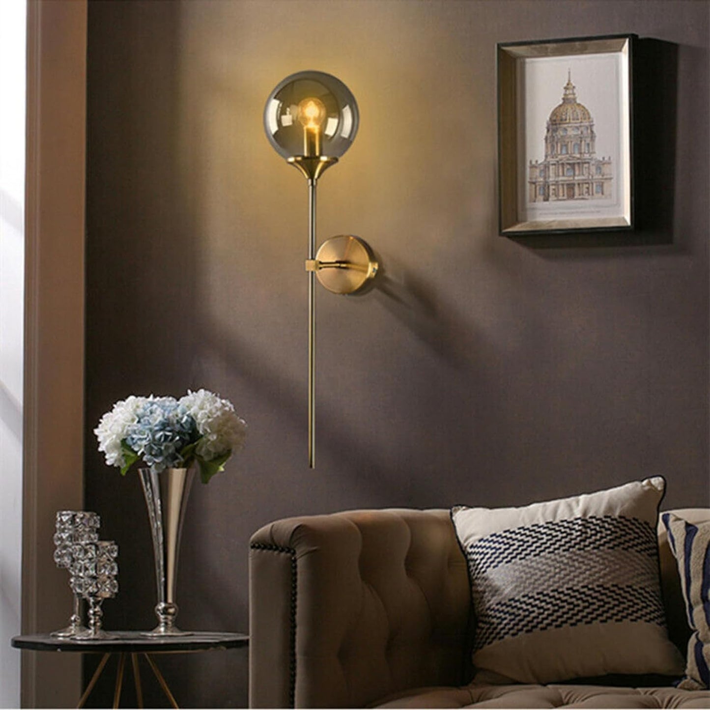 Modern Wall Sconce Light Fixture, Glass Globe Shade, Brass Finish, Long Stem Design