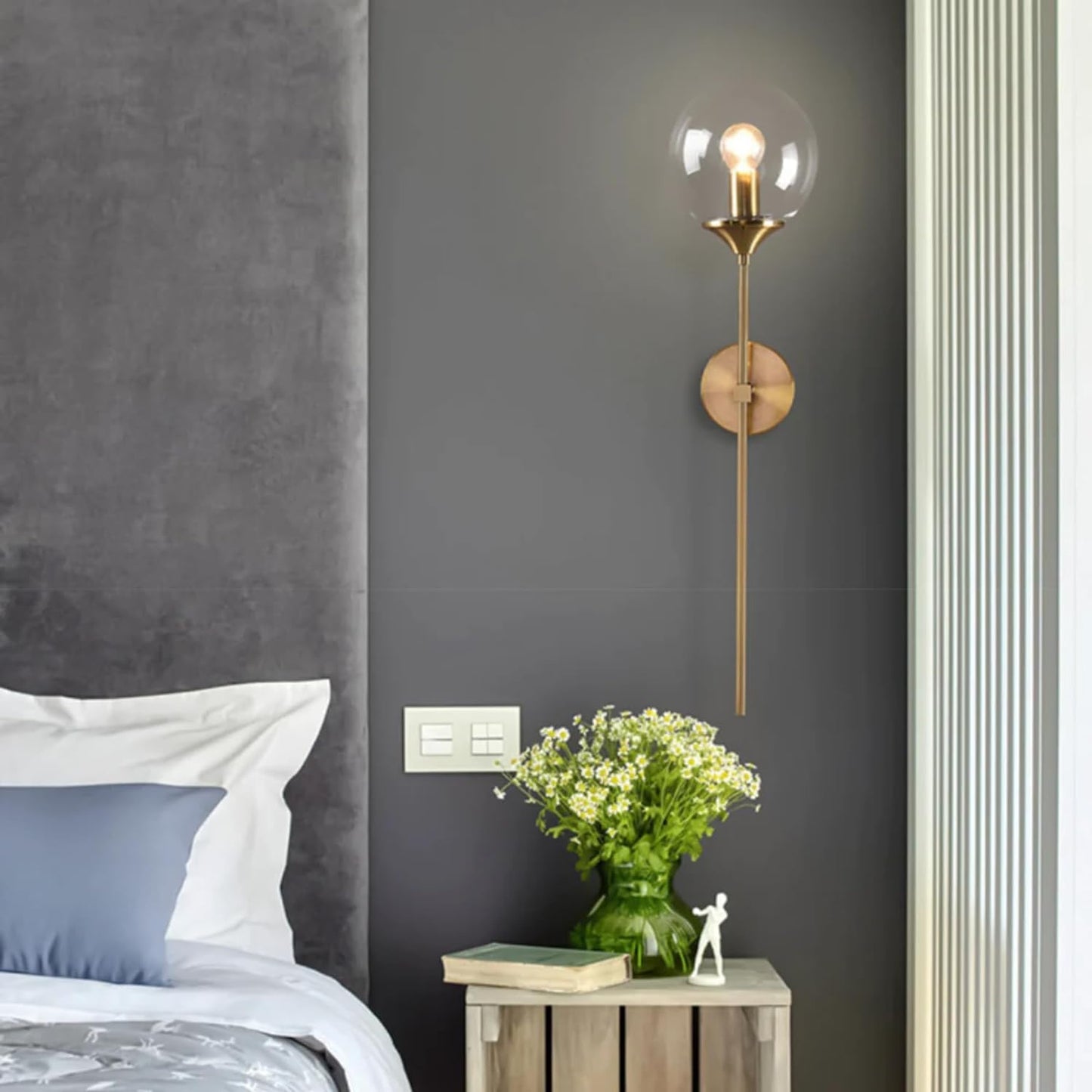 Modern Wall Sconce Light Fixture, Glass Globe Shade, Brass Finish, Long Stem Design