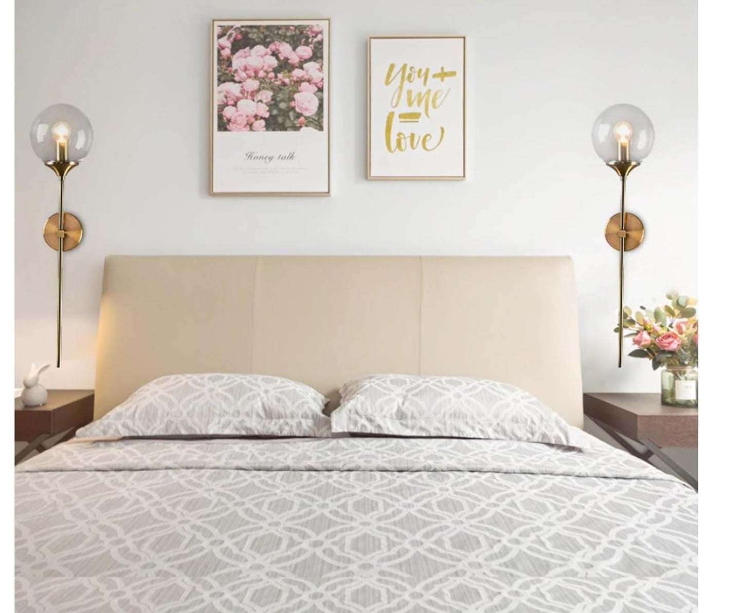 Modern Wall Sconce Light Fixture, Glass Globe Shade, Brass Finish, Long Stem Design