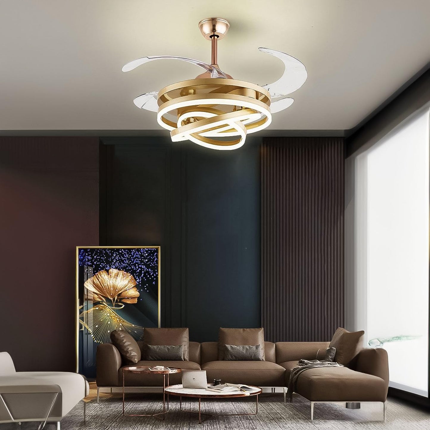 blissbells Modern LED Ceiling Fan with Remote Control, Retractable Blades, Chandelier Fan, Pack of 1 (Ring Style)