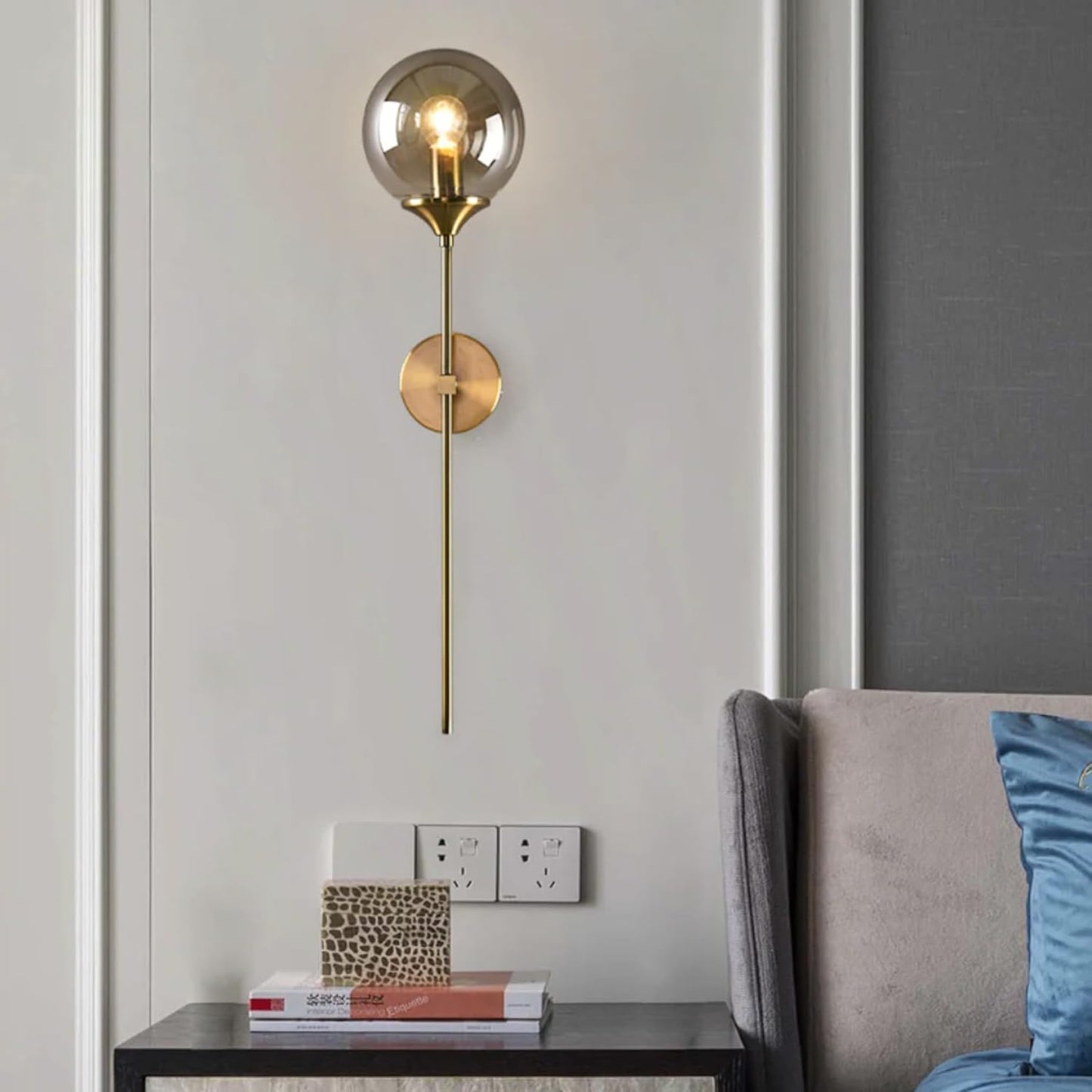 Modern Wall Sconce Light Fixture, Glass Globe Shade, Brass Finish, Long Stem Design