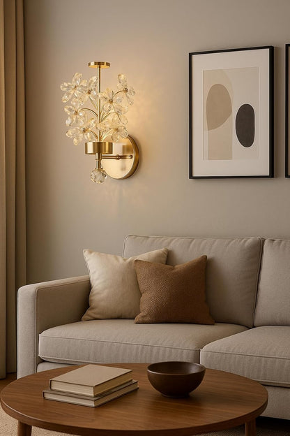 blissbells Crystal Flower Wall Sconce, Gold Brass Finish, Modern Decorative Wall Light with Crystal Pendant