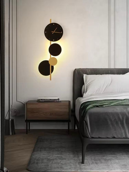 blissbells Modern Abstract Wall Light with Integrated Clock, Minimalist Design in Black and Gold (Clock and Circles)