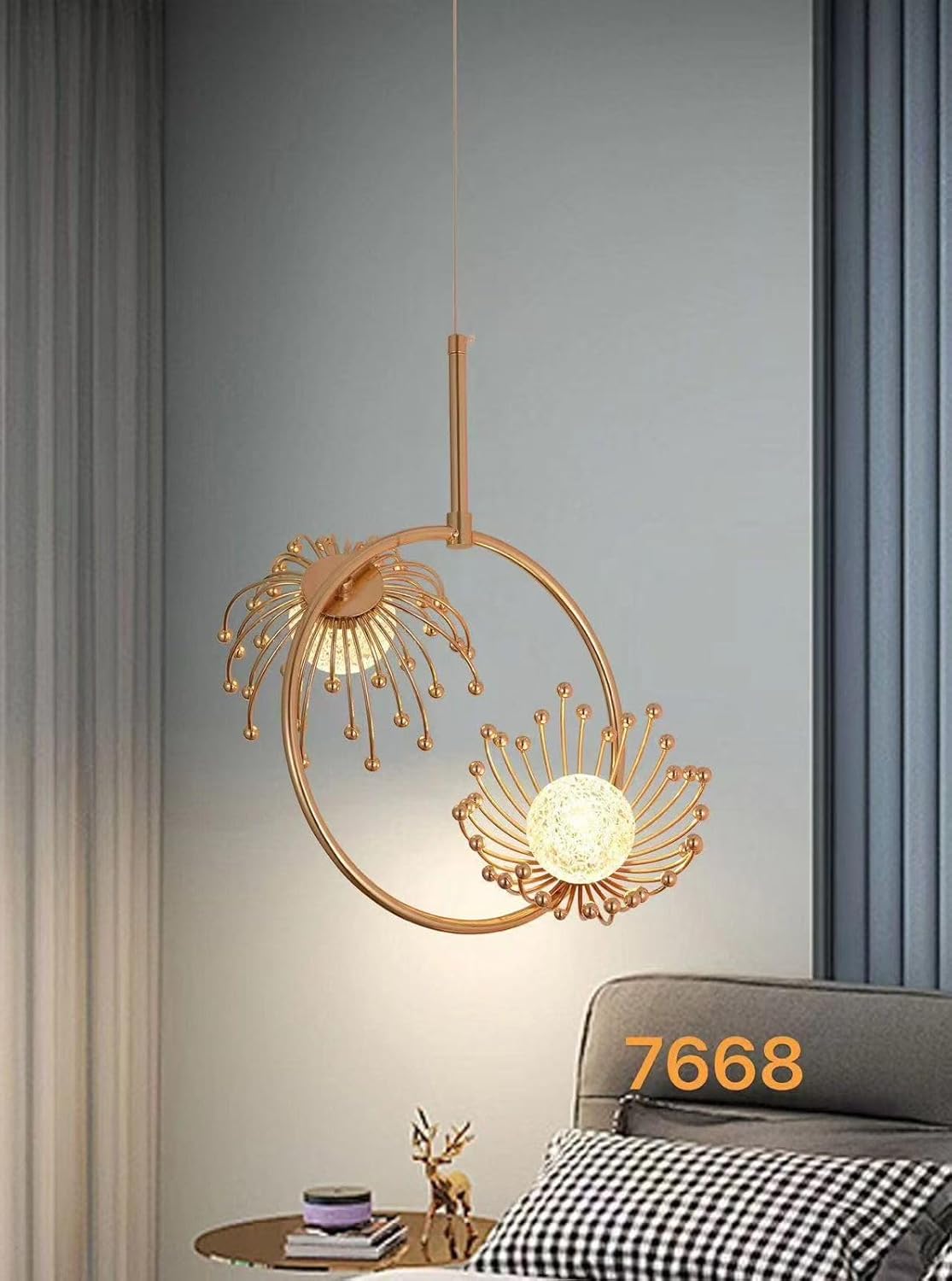 blissbells Luxury Dandelion-Inspired LED Pendant Light | Modern Rose Gold Floral Hanging Ceiling Lamp for Living Room, Bedroom, Hallway & Foyer (Glass Globe & Ring)