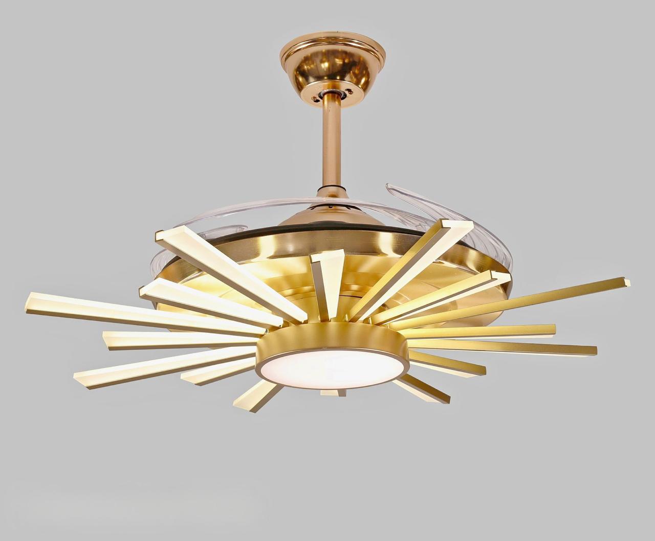 Luxury Retractable Ceiling Fan Chandelier with LED Light – Golden Starburst Design