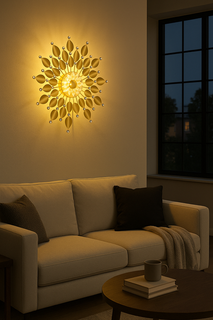 Elegant Golden Floral Wall Light – Modern Decorative Lighting for Living Room and Bedroom (Crystal Sunburst)