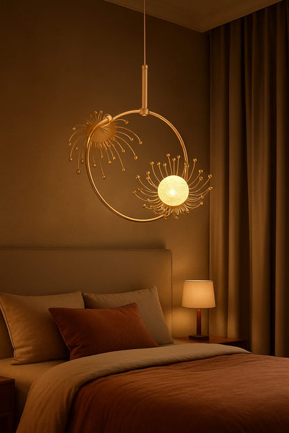 blissbells Luxury Dandelion-Inspired LED Pendant Light | Modern Rose Gold Floral Hanging Ceiling Lamp for Living Room, Bedroom, Hallway & Foyer (Glass Globe & Ring)