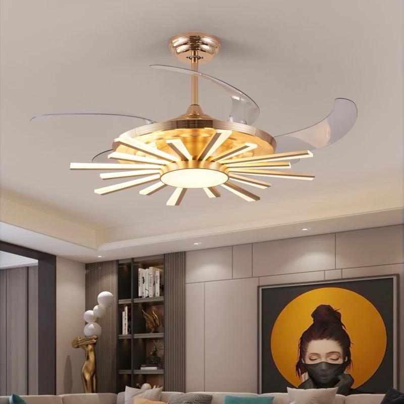 Luxury Retractable Ceiling Fan Chandelier with LED Light – Golden Starburst Design
