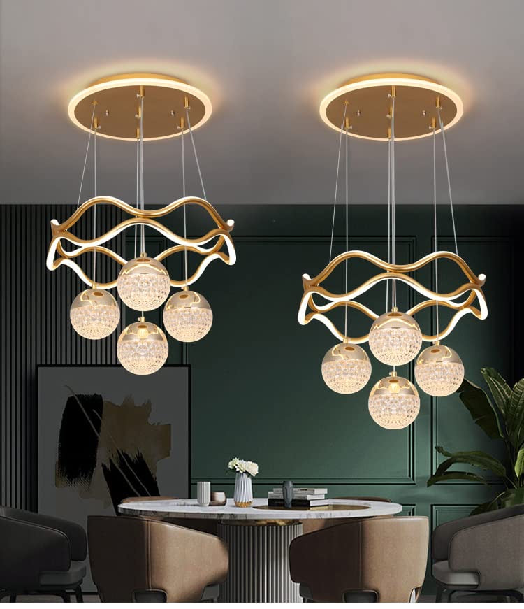 Modern Crystal Chandelier, LED Pendant Light with 4 Glass Globes, Wavy Design, Gold Finish, Dining Room Ceiling Light