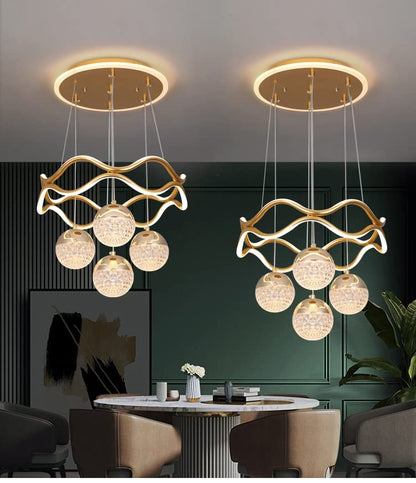Modern Crystal Chandelier, LED Pendant Light with 4 Glass Globes, Wavy Design, Gold Finish, Dining Room Ceiling Light