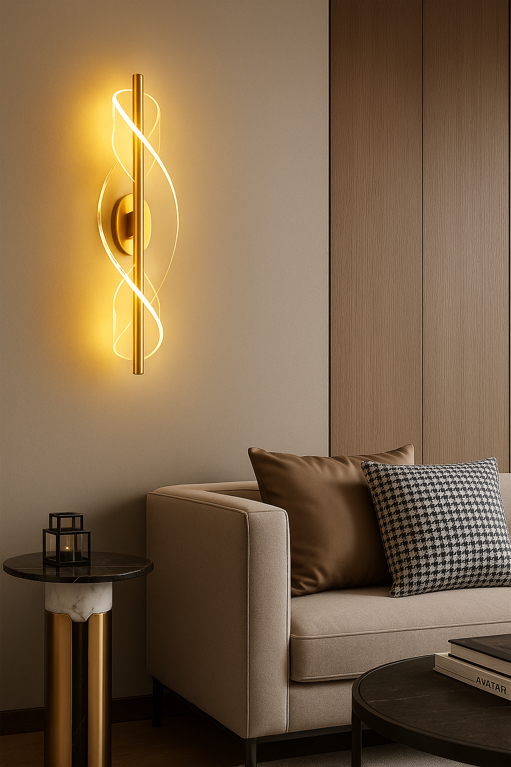 Modern Spiral LED Wall Light – Gold Finish Decorative Sconce for Living Rooms & Bedrooms (Flat Acrylic Sconce)