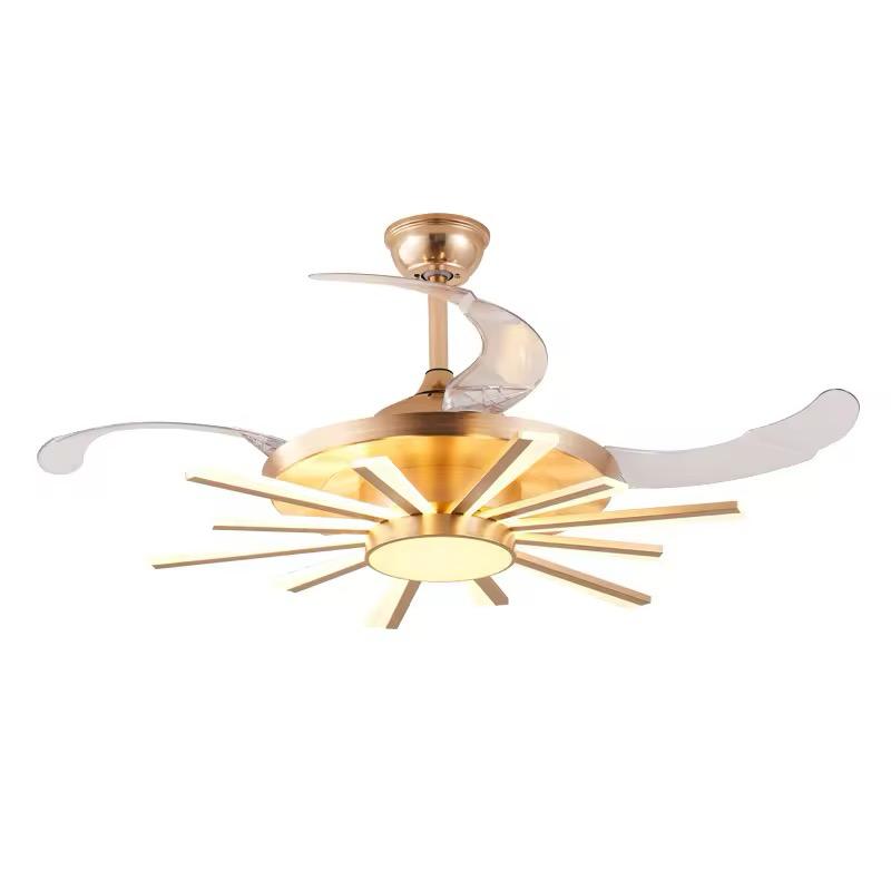 Luxury Retractable Ceiling Fan Chandelier with LED Light – Golden Starburst Design