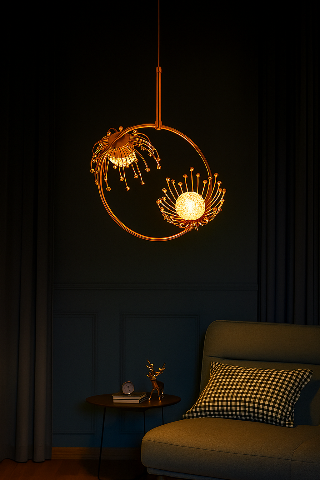 blissbells Luxury Dandelion-Inspired LED Pendant Light | Modern Rose Gold Floral Hanging Ceiling Lamp for Living Room, Bedroom, Hallway & Foyer (Glass Globe & Ring)